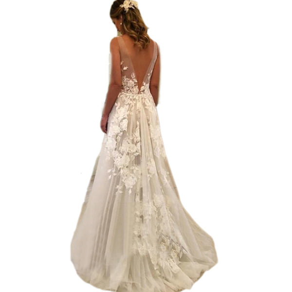 Double-shoulder Deep V-neck Slim-fit Lace Wrapped Shoulder Tail Wedding Dress - Trendex