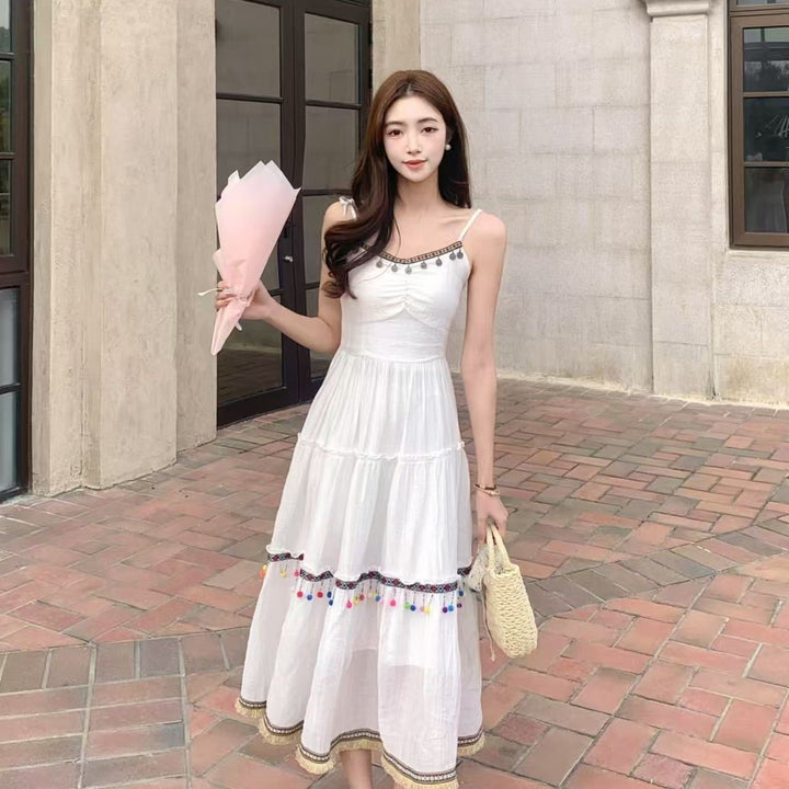 Vacation Style Red Suspender Skirt Ethnic Style Dress - Trendex