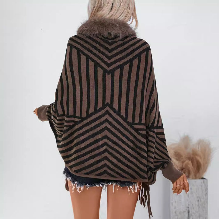 European And American Fall Winter Fashion Striped Tassel Knitted Shawl Cape - Trendex