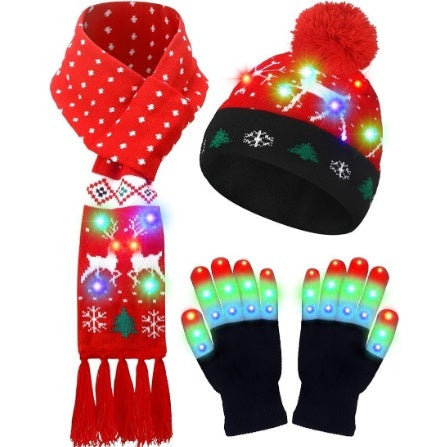 LED Christmas Knitted Hat Scarf Gloves Three-piece Set - Trendex