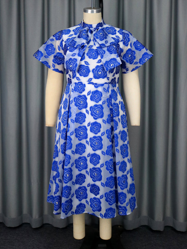 Half Turtleneck A- Line Tie Neckline Strap Bow Blue Embossed Dress - Trendex