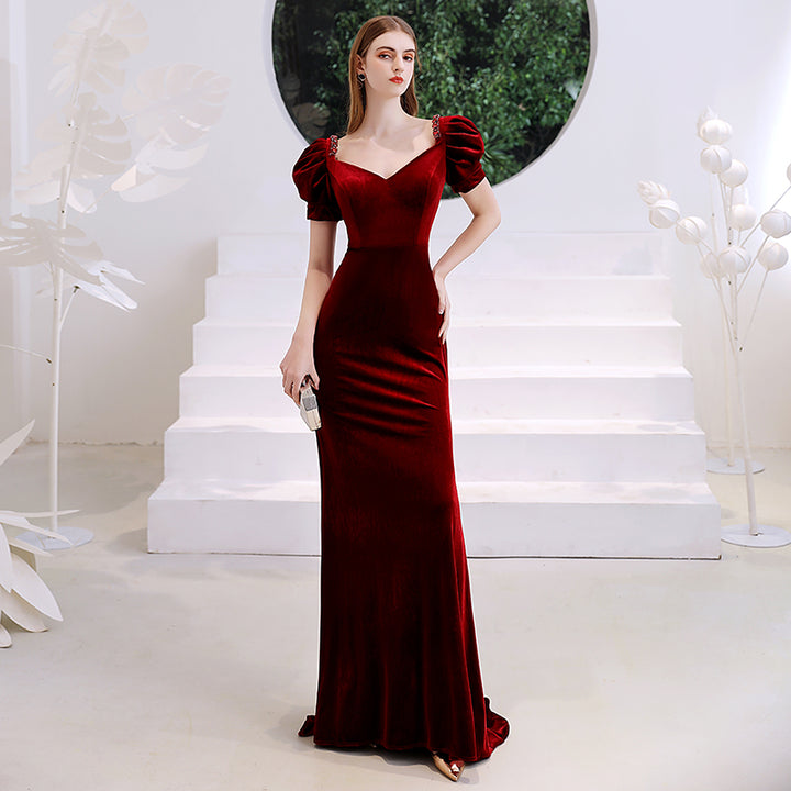 Wine Red Fishtail Evening Dress Woman - Trendex