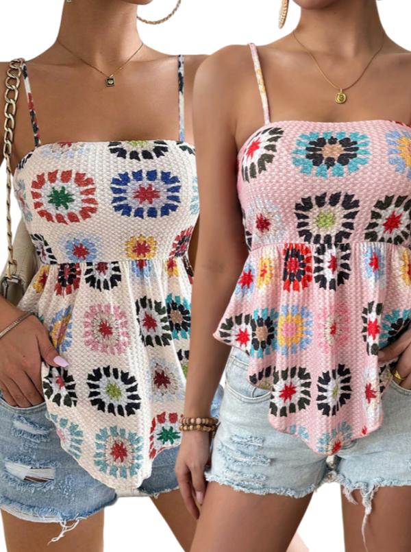 2pcs Women's Vacation Hibiscus Printed Ruffle Hem Casual Camisole Top Graphic Tees - Trendex