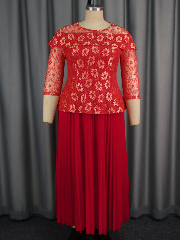 Women's Solid Color Versatile Lace Long Sleeved Pleated Skirt - Trendex