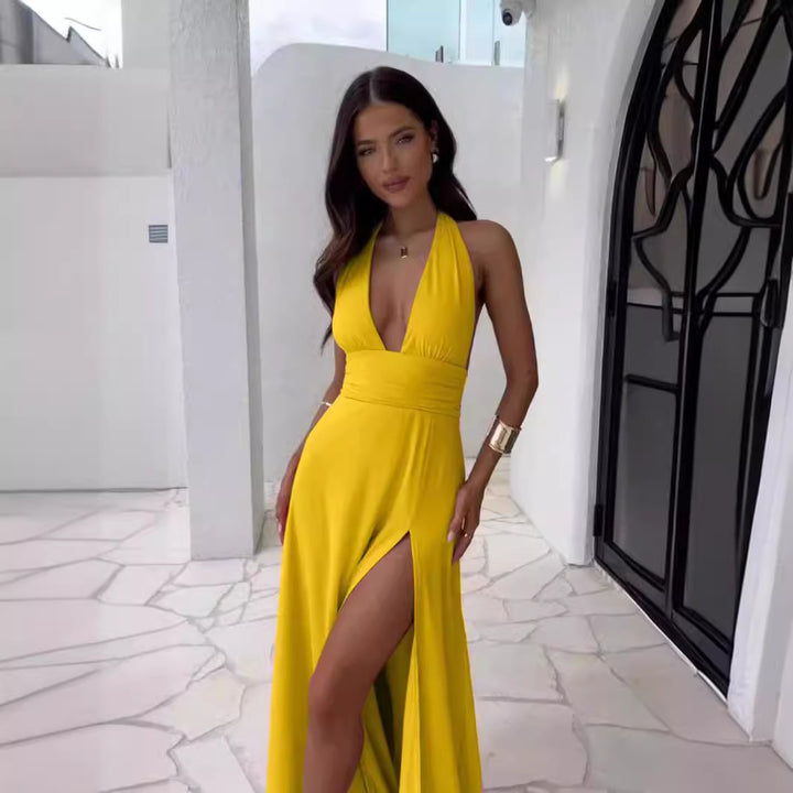 Spring New Women's Style Hanging Neck V-neck Slit Long Solid Color Dress - Trendex