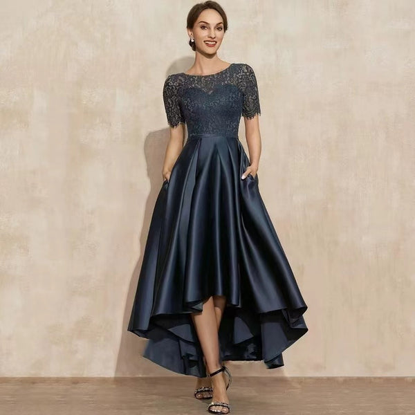 New Lace Short Front And Long Back Navy Blue Fashion Toast Party Dress - Trendex