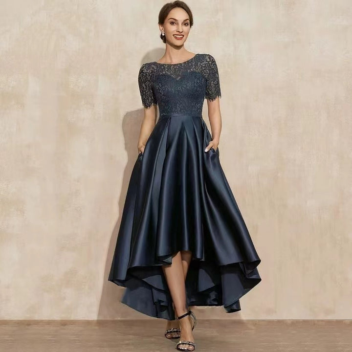 New Lace Short Front And Long Back Navy Blue Fashion Toast Party Dress - Trendex