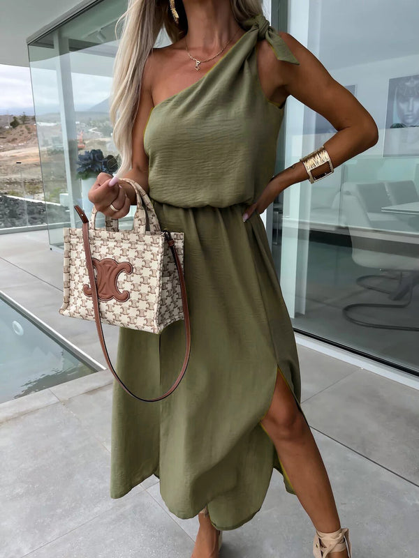 Slant Shoulder Sleeveless Split Large Swing Dress - Trendex