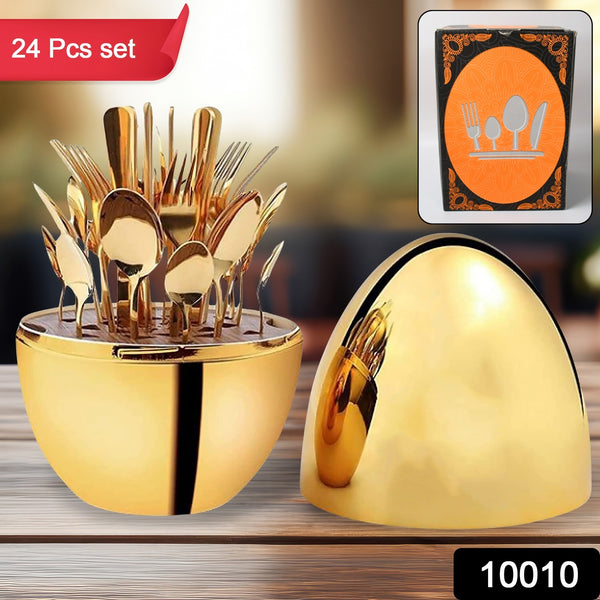 10010 Premium Cutlery Set 24 Pcs With Oval Shaped Stand  Beautiful Stylish Oval Designed Cutlery Sets Egg-shaped Luxury Spoon Holder Set (Golden  24 Pcs Set) - Trendex