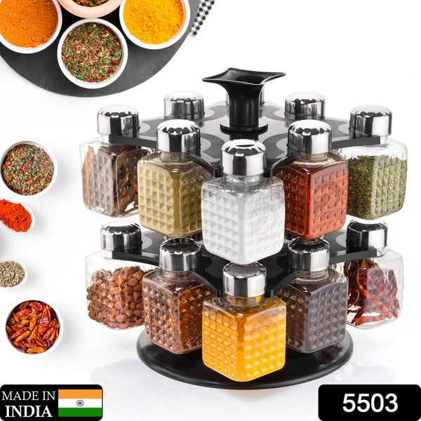 5503 All New Square 16 Bottle Design 360 Degree Revolving Spice Rack Container Condiment Pieces Set Square Small Container - Trendex