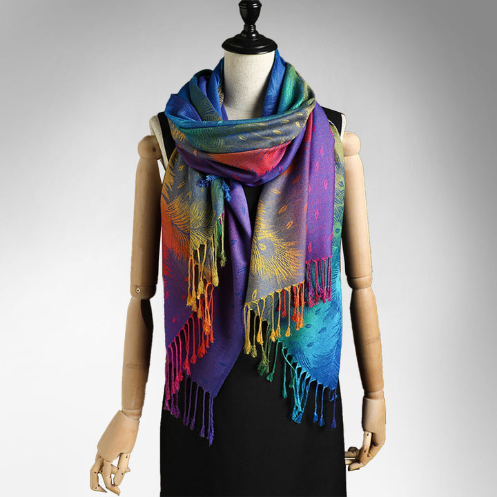 Color Jacquard Talma Long Ladies Tassel Feather - Trendex