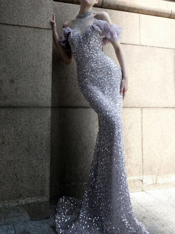 Purple Host Starry Sky Annual Meeting Beaded Toast Dress Halter Model Catwalk Fishtail - Trendex