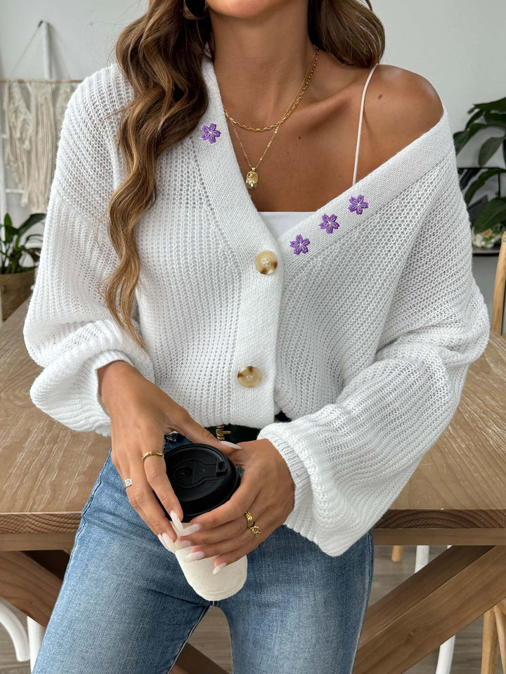 Embroidered Stickers Short Button Coat Sweater Cardigan - Trendex