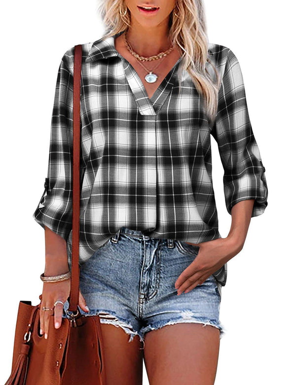 Women's Long Sleeve V-Neck Plaid Shirt - Loose Fit Polyester Blouse With Button-Down Collar For Casual & Office Wear - Trendex
