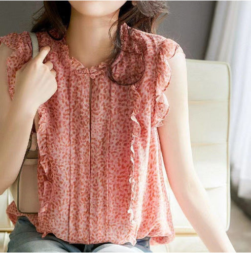 Sleeveless Ruffled Floral Women's Loose Sweet Chiffon Printed Top - Trendex