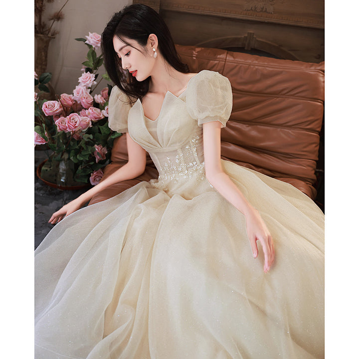 HOOR Women Luxury Puff Sleeve Backless Shiny Prom Gown - Trendex
