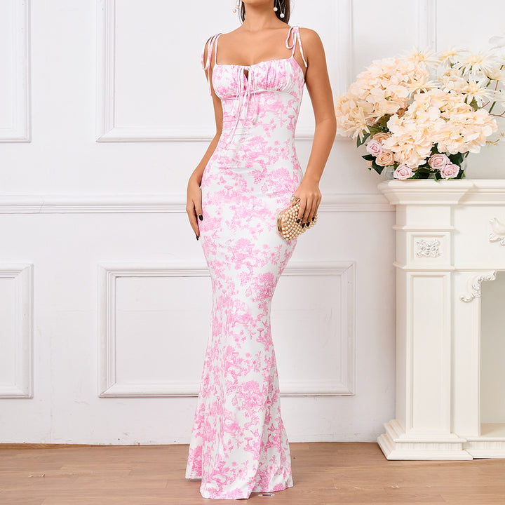 Floral Ruffle Back Tie Halter Maxi Bodycon Mermaid Dress With Multiple Patterns - Trendex