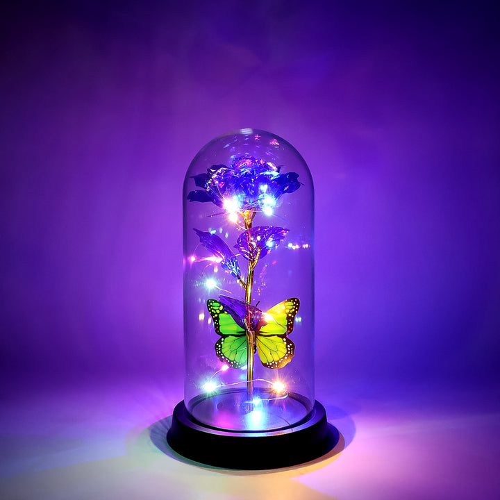 Led Preserved Rose With Colorful Butterfly In Plastic Dome (1 Pc  Mix Color) - Trendex