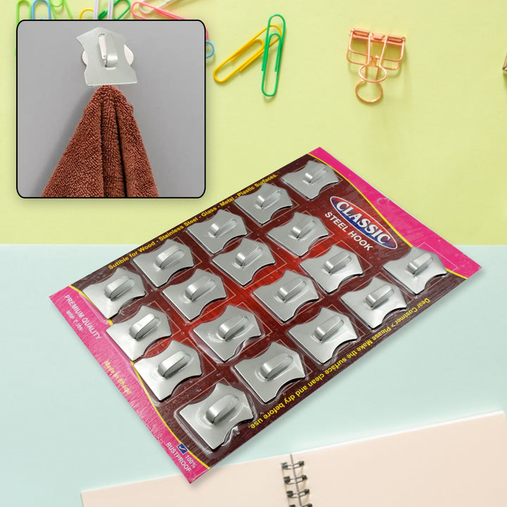 9416 Multipurpose Stainless Steel Wall Hanging Hook 18 Pc Self Adhesive Stainless Steel Heavy Duty Wall Hooks For Hanging Clothes Calender Bathroom Tiles Kitchen Key Hange (18 Pc Set) - Trendex
