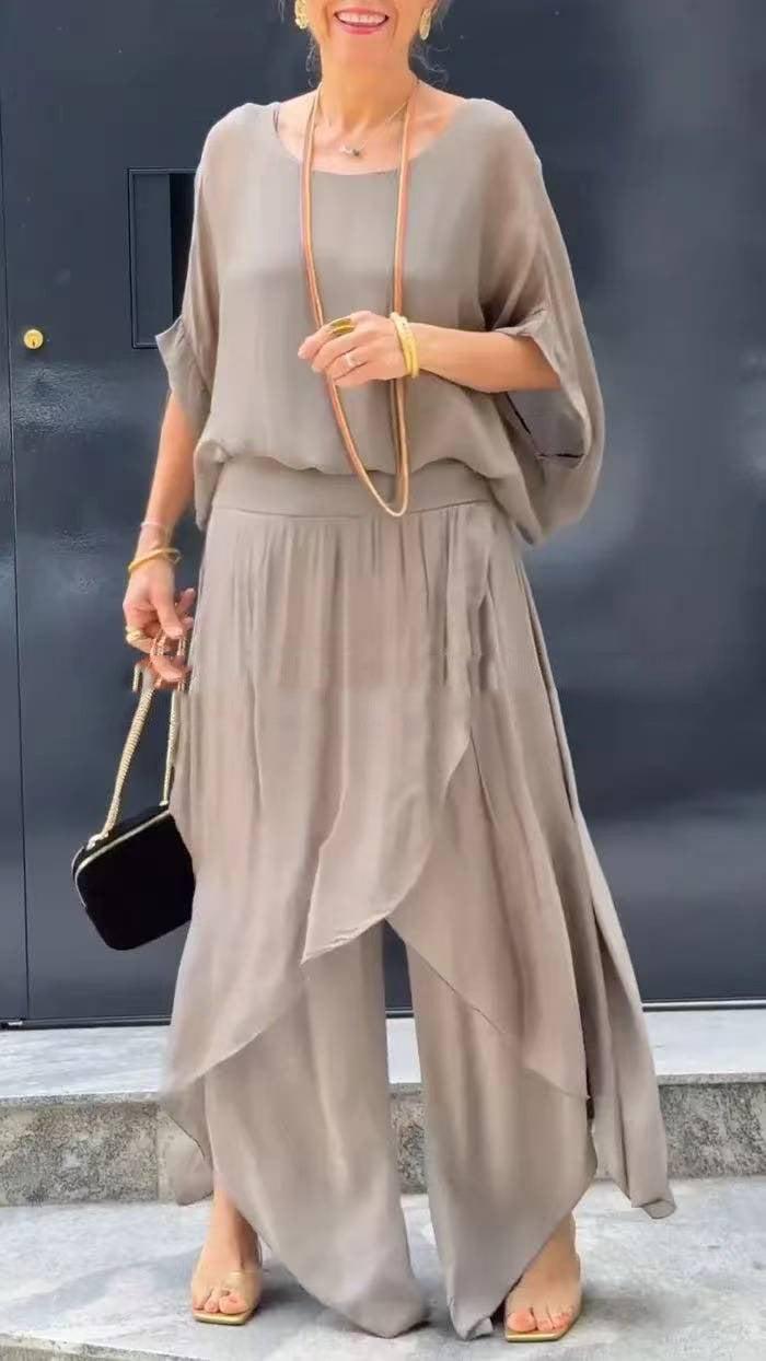 Loose Comfortable Top Split Wide Leg Pants Chiffon Casual Suit - Trendex