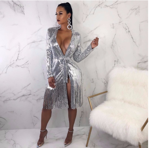 Deep V-neck Shiny Lace-up Long-sleeved Sexy Split Fringe Dress - Trendex