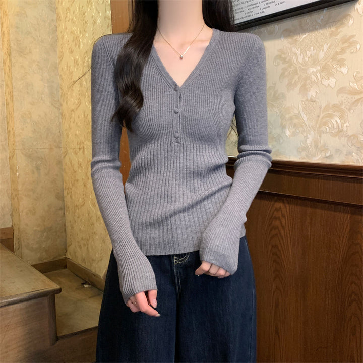 Waist-tight Slimming V-neckline Long-sleeved Women's Temperament Commute Pure Sweater - Trendex