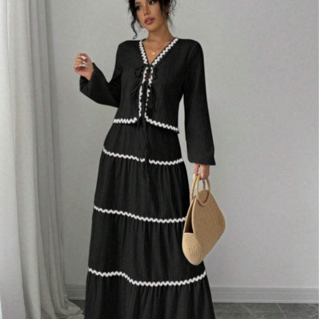Lace Layered Pleated Lantern Sleeve Bow Shirt And Skirt Suit Women - Trendex