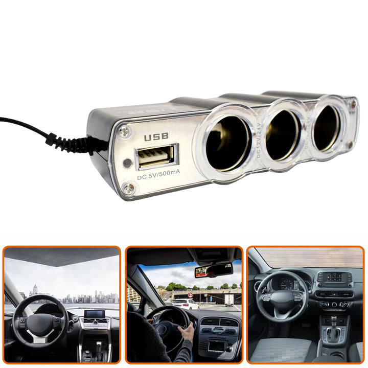 Triple 3 Way Car 12v Lighter Socket Splitter Usb Charger Power Adapter - Trendex