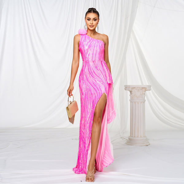 One-shoulder Diagonal Collar Sequined Slit Evening Dress - Trendex