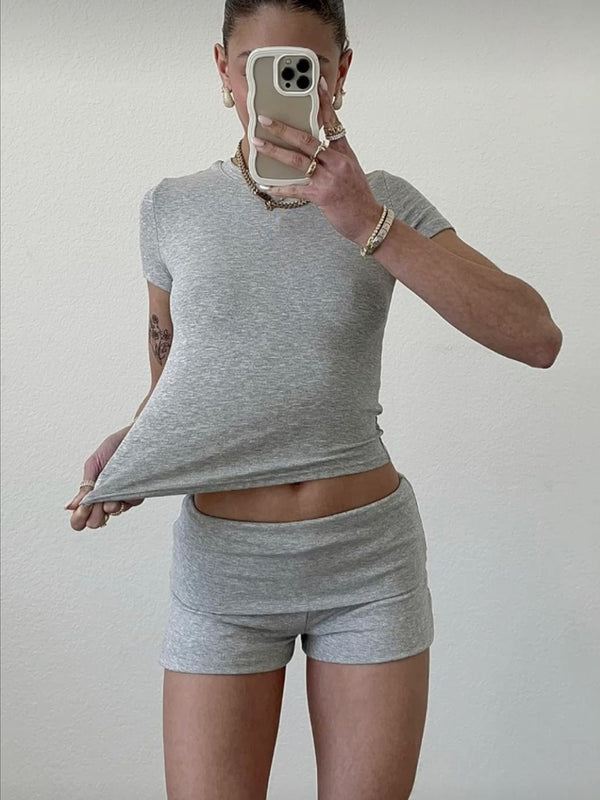 Casual Women's Workout Two-piece Short Sleeve High Waist Fold Bell-bottom Pants Shorts - Trendex
