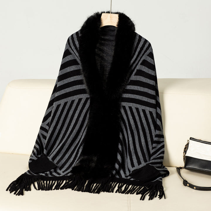 European And American Fall Winter Fashion Striped Tassel Knitted Shawl Cape - Trendex