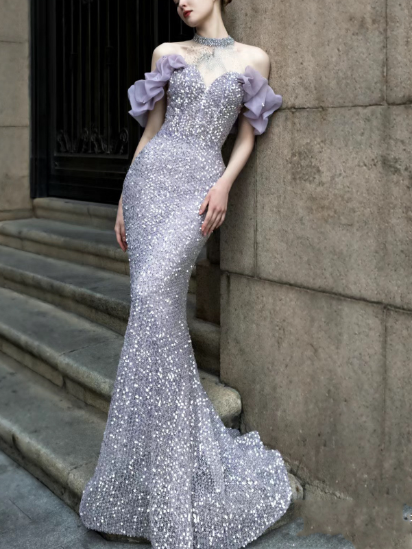 Purple Host Starry Sky Annual Meeting Beaded Toast Dress Halter Model Catwalk Fishtail - Trendex