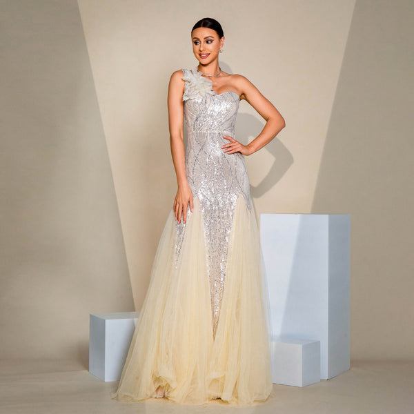 One-shoulder Diagonal Collar Slim-fit Sheath Sequined Slit Evening Dress - Trendex