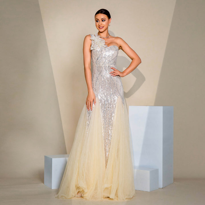 One-shoulder Diagonal Collar Slim-fit Sheath Sequined Slit Evening Dress - Trendex