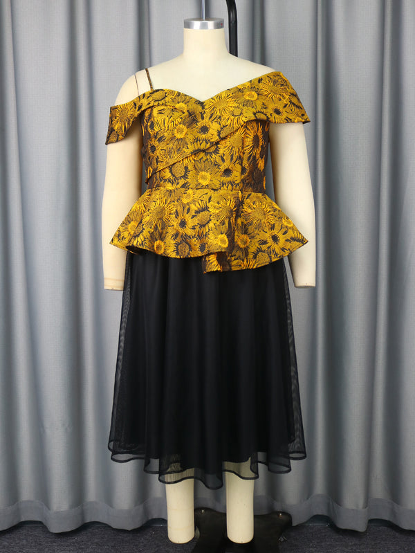 Embroidered Irregular Sleeve Waist Black Median To Long Mesh Skirt - Trendex
