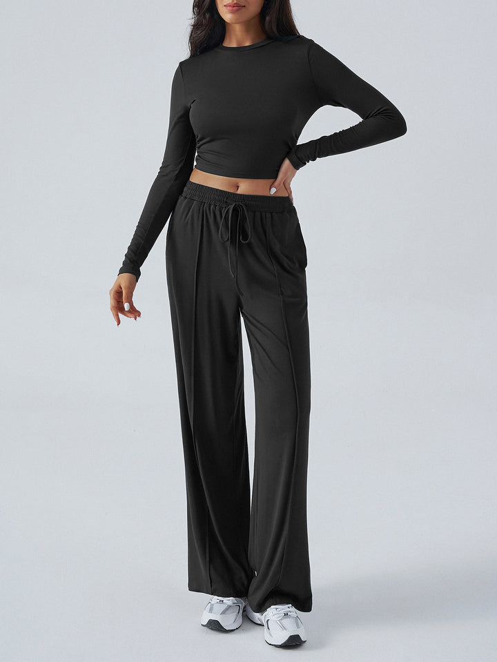 Tether Solid Color Waist Tight Fashion Wide Leg Casual Trousers Suit - Trendex