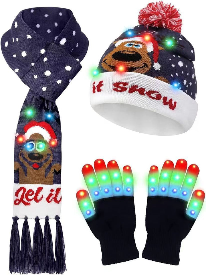 LED Christmas Knitted Hat Scarf Gloves Three-piece Set - Trendex