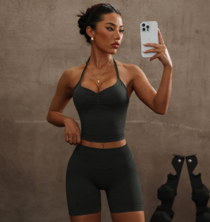 Halter Spaghetti Straps Exercise Vest High Waist Crimp Shorts Suit - Trendex