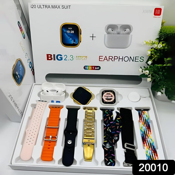 10 In1 Set Ultra Smart Bluetooth Calling Smartwatch + Earphones With Transparent Screen Guard Watch With Seven Classic Straps (Mix Color) - Trendex