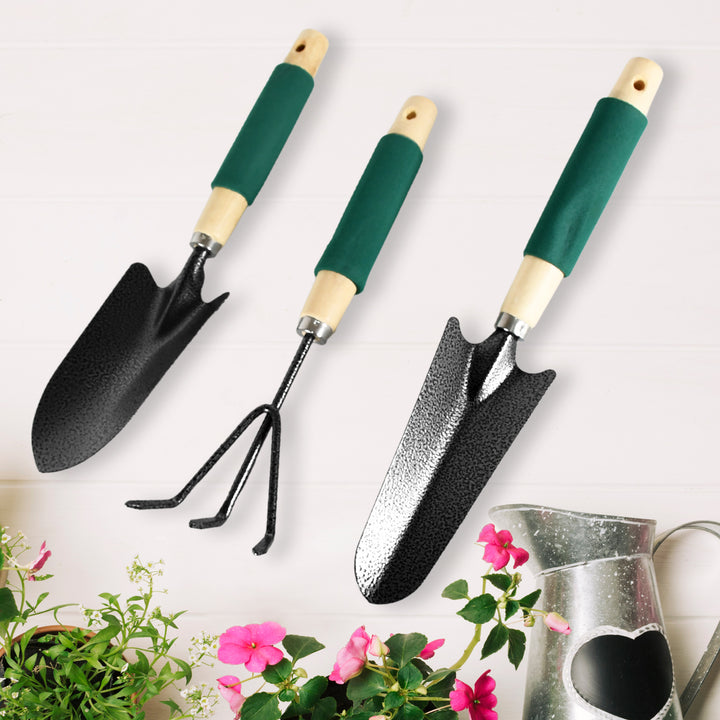 7593 Gardening Tools - Hand Cultivator Trowel Heavy Duty With Ergonomic Wooden Handle For Transplanting And Digging (3 Pcs Set) - Trendex
