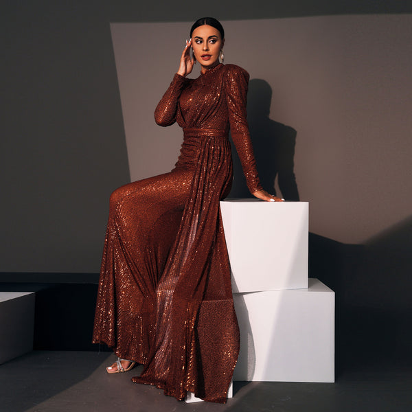 Long Sleeve Round Neck Sexy Slim Long Sequined Banquet Dress - Trendex