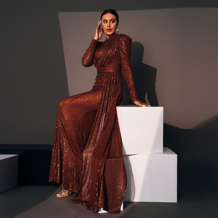 Long Sleeve Round Neck Sexy Slim Long Sequined Banquet Dress - Trendex