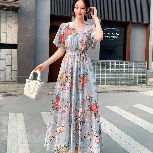 V-neck Mori Style Slim Fairy Floral Dress - Trendex