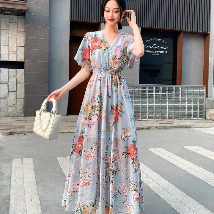 V-neck Mori Style Slim Fairy Floral Dress - Trendex