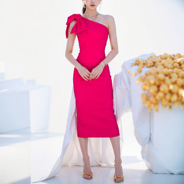 Elegant Solid Color And V-neck Slant Shoulder Split Dress - Trendex