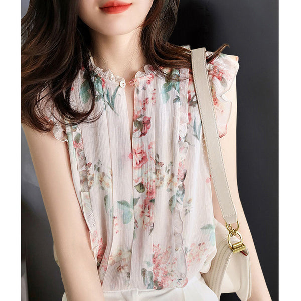 Sleeveless Ruffled Floral Women's Loose Sweet Chiffon Printed Top - Trendex