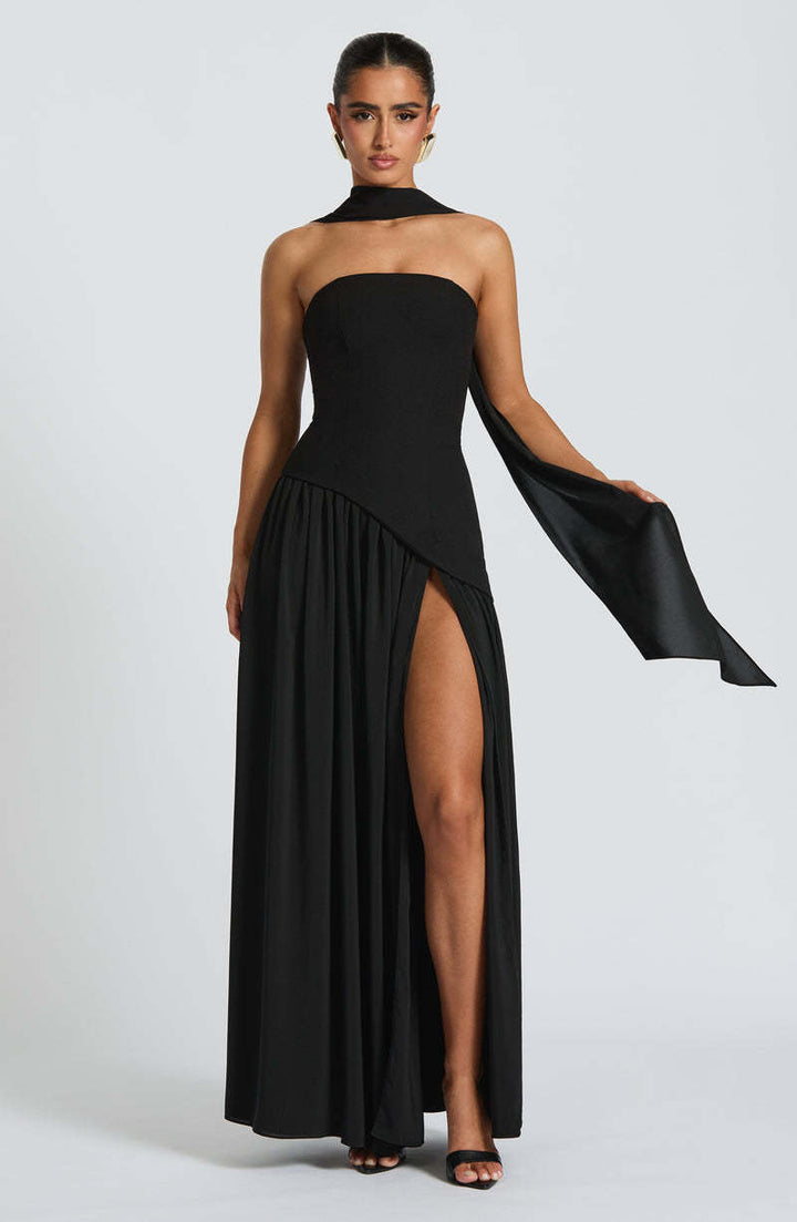 Fashion Sexy Backless Tube Top Pure Color Split Dress - Trendex