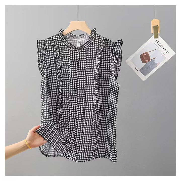 Sleeveless Ruffled Floral Women's Loose Sweet Chiffon Printed Top - Trendex