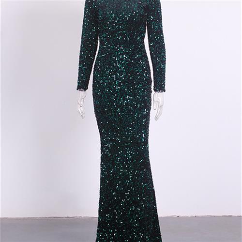 Women Modest Stretch Sequin Royal Blue Evening Prom Gown Party - Trendex