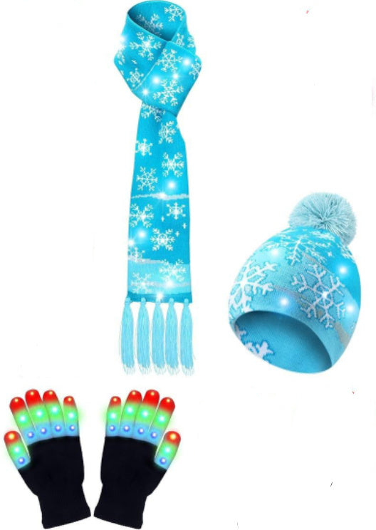 LED Christmas Knitted Hat Scarf Gloves Three-piece Set - Trendex